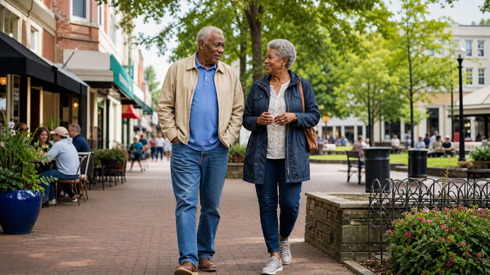 An older Black couple explores a walkable neighborhood together.