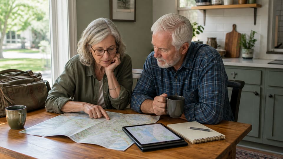 An older couple comparing a city map and travel notes before a retirement scouting visit.