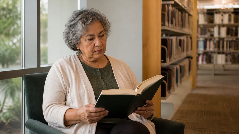 An older Latina woman reads a book in a public library.