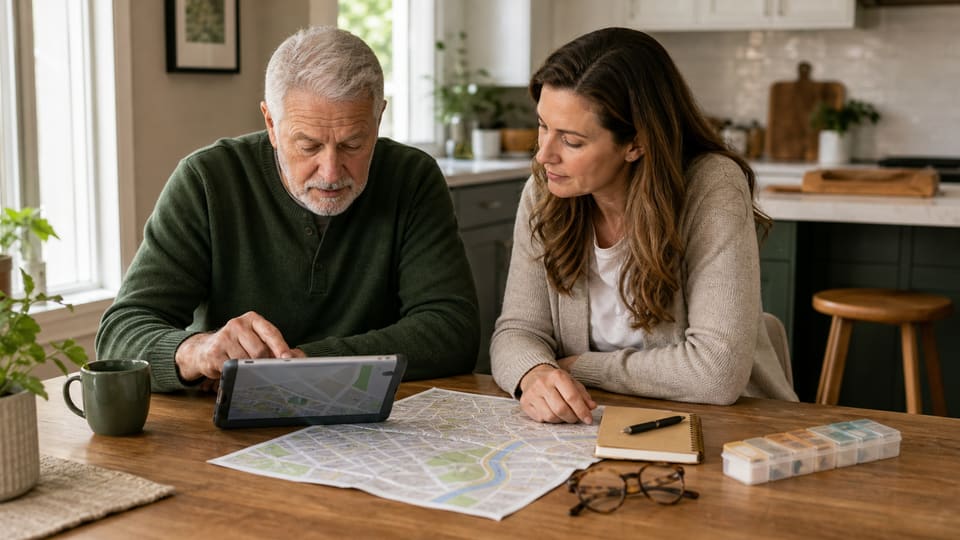An older adult and family member comparing healthcare routes on a tablet and street map.