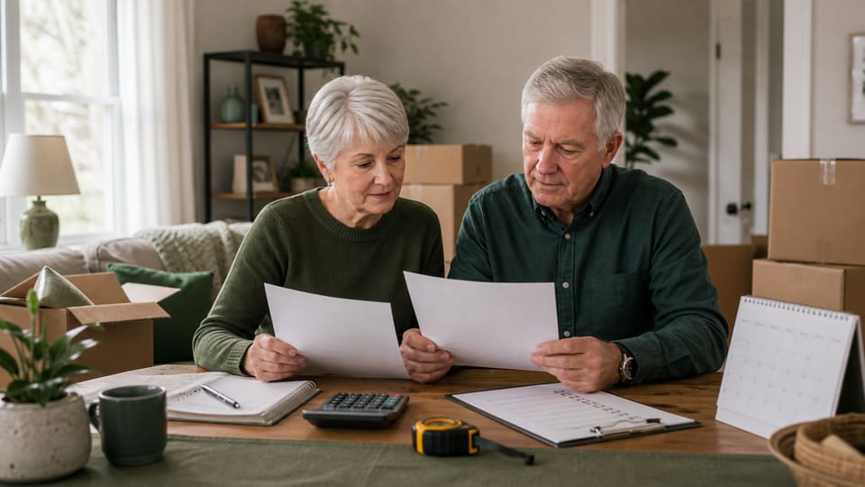 An older couple comparing moving estimates beside organized boxes and a calendar.