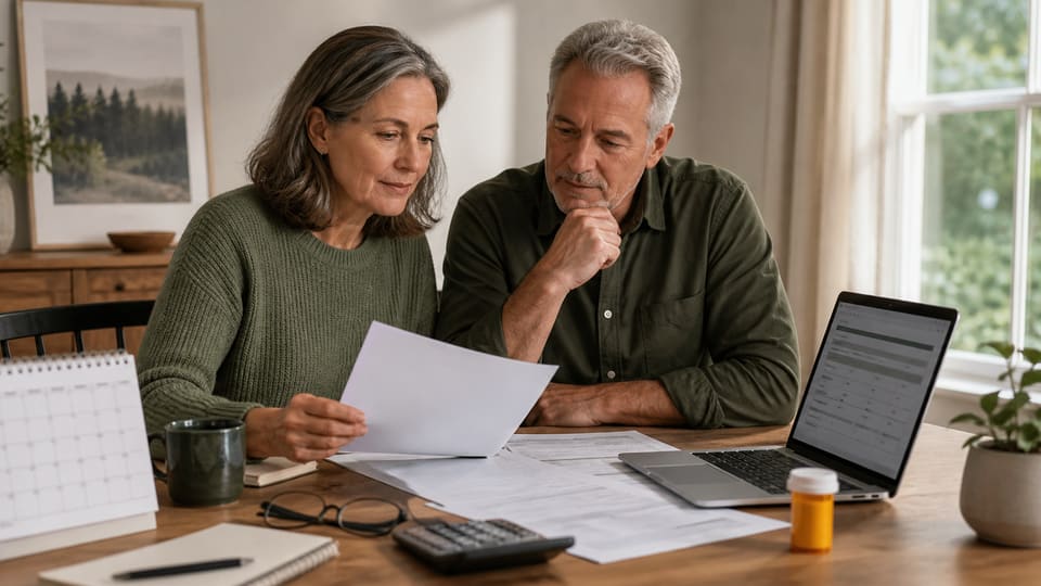 A couple near retirement comparing health coverage documents before Medicare eligibility.