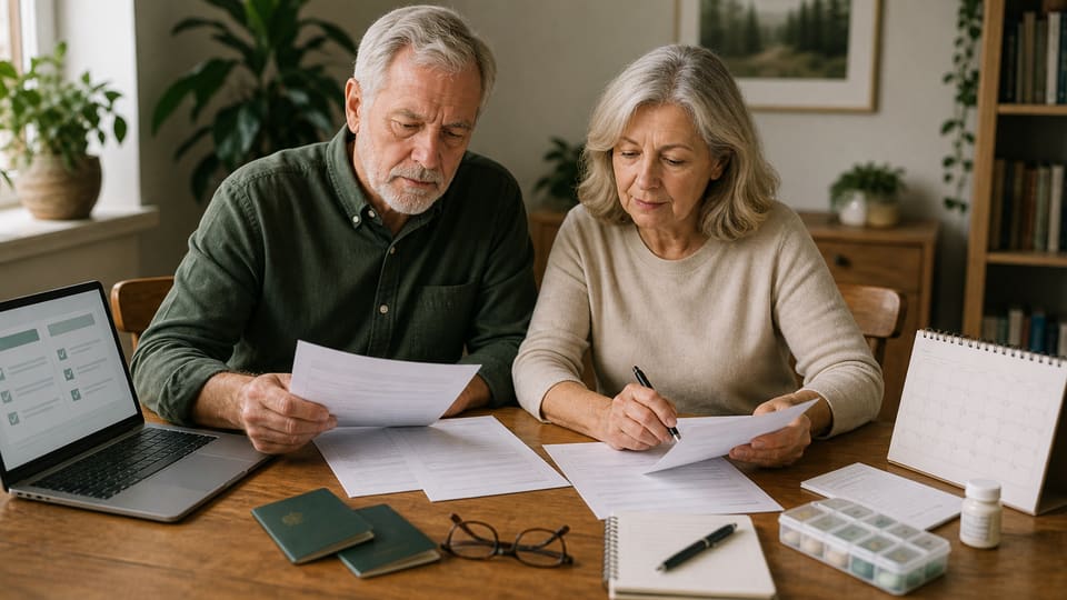 An older couple organizing healthcare, residence, and coverage documents for retiring abroad.