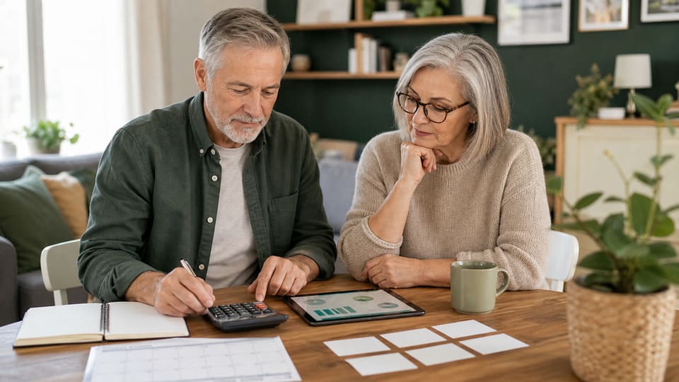A retired couple organizing monthly expenses with a calculator and household budget.