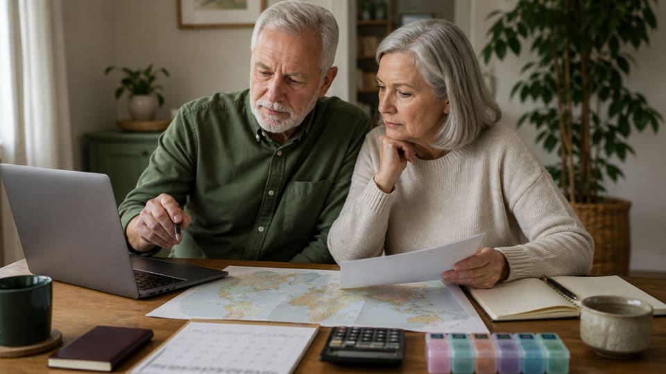 An older couple planning healthcare and household costs for retirement abroad.
