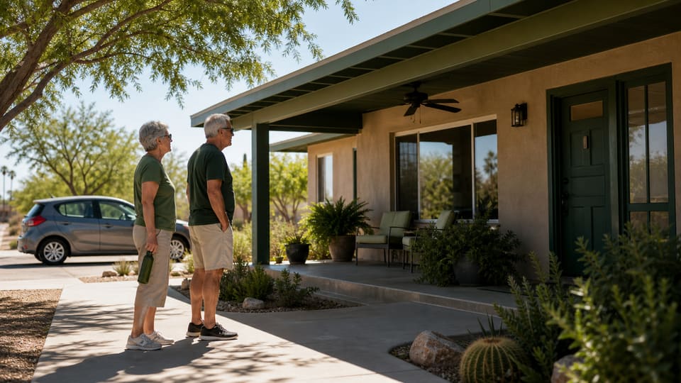 A retired couple evaluating shade and access at a warm-weather single-story home.